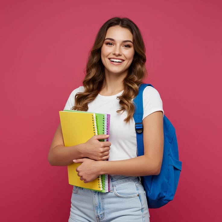 A joyful young woman, appearing to be in her late teens or early twenties, completely absorbed in mu